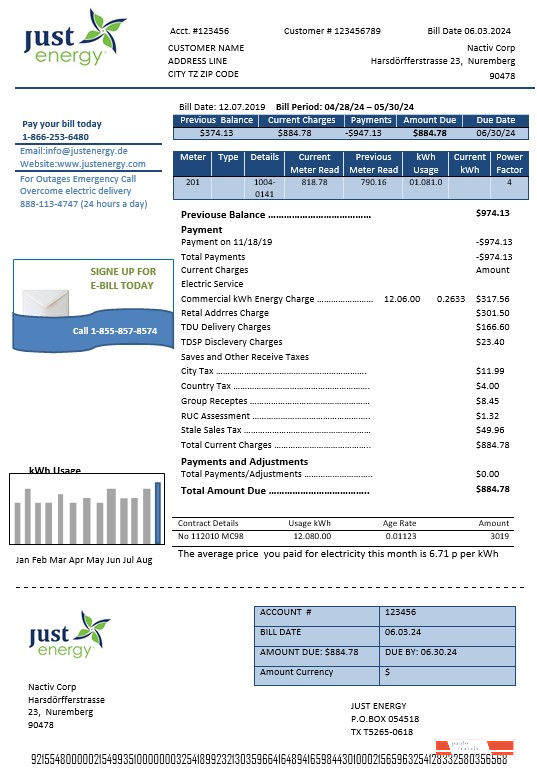 Germany Just Energy business utility bill template in Word and PDF formats